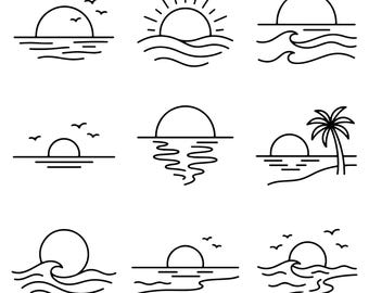 Sunset SVG Bundle, Ocean Line Art Cut Files for Cricut, Beach PNG DXF