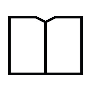 May include: A black line art icon depicting an open book or document. The graphic features a rectangular outline divided by a central vertical line, with a V-shaped notch at the top center, creating the appearance of two open pages side by side.