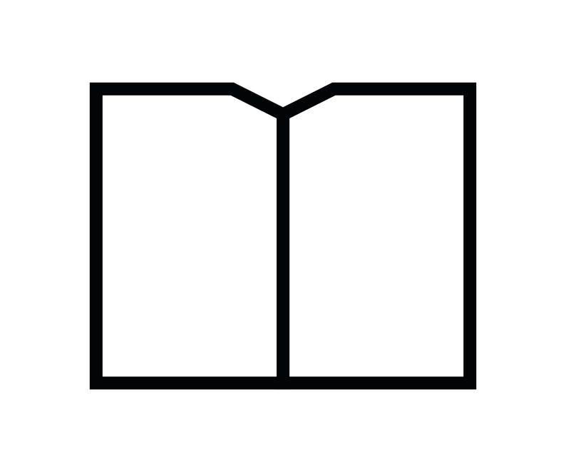 May include: A black line art icon depicting an open book or document. The graphic features a rectangular outline divided by a central vertical line, with a V-shaped notch at the top center, creating the appearance of two open pages side by side.