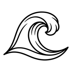 Op de afbeelding: Een zwart-wit lijntekening van een gestileerde oceaangolf. Het ontwerp toont een enkele, krullende kam met vloeiende lijnen die de vorm van het water definiëren terwijl het breekt, wat zorgt voor een eenvoudige en duidelijke grafische weergave.