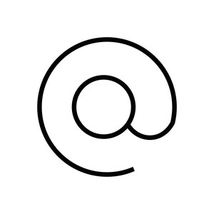May include: A black at sign symbol, also known as the commercial at, rendered as a clean, continuous line drawing. The design features a central circular core enclosed by a sweeping, curved line that forms the characteristic spiral shape.
