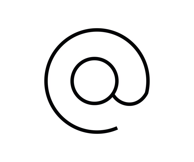 May include: A black at sign symbol, also known as the commercial at, rendered as a clean, continuous line drawing. The design features a central circular core enclosed by a sweeping, curved line that forms the characteristic spiral shape.