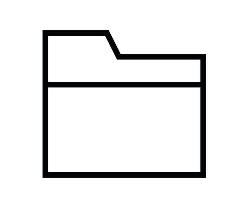 May include: A black and white line art icon of a standard document folder. The graphic features a rectangular shape with a tab extending from the top right corner, outlined in a bold black stroke against a plain white background.