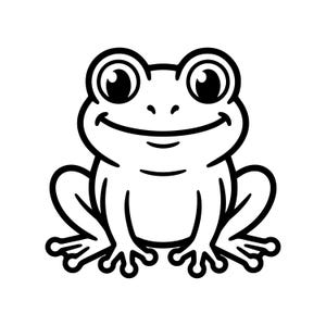 May include: A black and white line art illustration of a frog. The frog is depicted in a front-facing, seated position with large, round eyes, a wide smiling mouth, and four webbed feet visible at the base of the drawing.