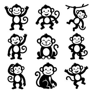 Apa Svg Bundle, 9 djungeldjurssilhuetter, barnfödelsedags-babyshower Cricut Cut-filer