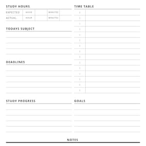 Puede incluir: Un planificador de estudio en blanco y negro con el título "STUDY PLANNER" en la parte superior. El planificador incluye secciones para horas de estudio, horario, tema del día, plazos, progreso del estudio, objetivos y notas. Hay un espacio para escribir la fecha.