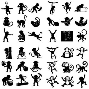 Könnte beinhalten: Eine Sammlung von dreißig schwarzen Silhouetten-Symbolen, die Affen in verschiedenen Posen darstellen, darunter hängend an Ästen, sitzend, spielend mit Objekten wie Bananen und Bällen sowie interagierend mit Gegenständen wie Kisten, Eimern und Baumstämmen.