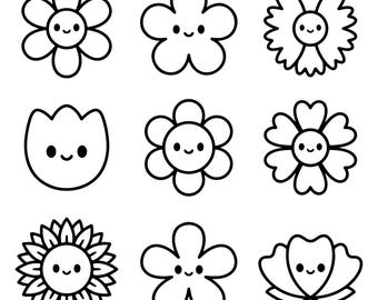 Kawaii Flower SVG Bundle, Happy Floral Cut Files for Cricut, Kids Decor