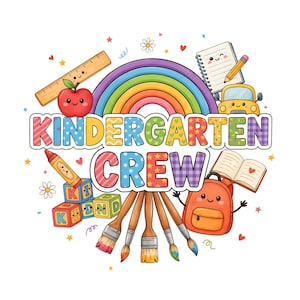 Può includere: Un design grafico colorato con il testo KINDERGARTEN CREW circondato da illustrazioni di un arcobaleno, una mela sorridente, un righello, un taccuino, una matita, un'auto gialla, blocchi alfabetici, pennelli, un libro aperto e uno zaino.