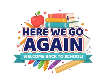 Hier gaan we weer, grappig citaat terug naar school, klasontwerp, cadeau voor leraar