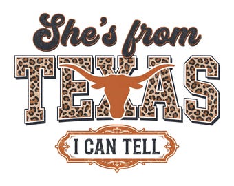 She's From Texas PNG, Leopard Print Longhorn Cowgirl Design, Distressed Western T-Shirt Graphic