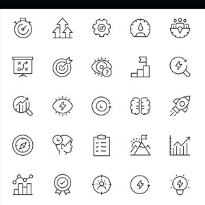 May include: A collection of black and white line art icons arranged in a grid, featuring the word PERFORMANCE at the top. The icons depict various business and productivity symbols including a stopwatch, target, rocket, brain, and charts.