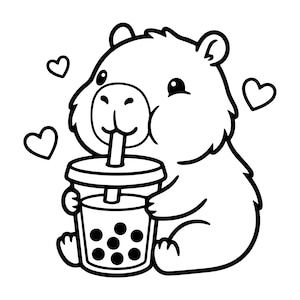 May include: A black and white line art illustration of a capybara sitting and holding a bubble tea cup with a straw. The capybara has a rounded face and small ears, and there are three heart shapes floating around it in the background.