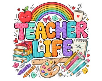 Teacher Life Sublimation Design, Retro Groovy Teacher Shirt PNG, Classroom Clipart Bundle, Digital Download