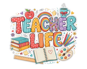 Teacher Life Sublimation PNG, Retro Groovy Teacher Shirt Design, Classroom Clipart Bundle, Digital Download