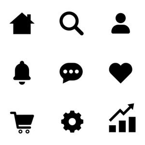 Peut inclure: Un ensemble de neuf icônes noires disposées en une grille de trois par trois, comprenant une maison, une loupe, un profil utilisateur, une cloche de notification, une bulle de dialogue, un cœur, un caddie, un engrenage et un graphique.