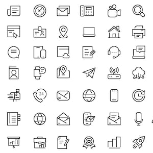 Könnte beinhalten: Eine Sammlung von 70 schwarzen Liniensymbolen in einem Raster, die Symbole für Kommunikation, Technologie und Geschäft darstellen. Der Text 70 CONTACT LINE ICON wird vertikal auf der linken Seite in einem blauen und dunkelgrauen Seitenbereich angezeigt.