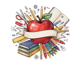 Personalized Teacher Design, Apple Books Clipart, School Supplies Sublimation, Custom Shirt Download