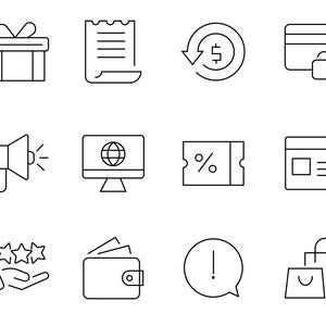 May include: A collection of twenty-one black and white line art icons representing e-commerce and retail concepts, including symbols for shipping, payments, customer service, shopping carts, discounts, global logistics, and feedback ratings.