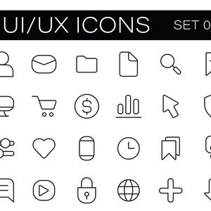 May include: A collection of black line art UI/UX icons arranged in a grid, featuring symbols for user, mail, folder, search, shopping cart, currency, charts, cursor, shield, settings, heart, clock, bookmark, link, chat, play, lock, globe, and arrows.