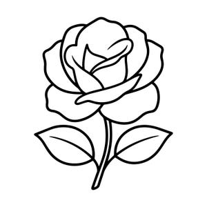 以下が含まれることがあります： バラの花を1輪描いた白黒の線画イラスト。重なり合う花びらを持つ中央のバラの花と、下方に伸びる茎、そして茎の両側に配置された2枚の対称的な葉で構成されたシンプルなデザインです。