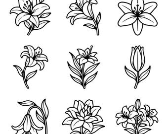 Lily Flower SVG Bundle, Botanical Line Art Clipart, Floral Cut File, Cricut