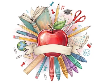 Personalized Teacher PNG, Apple Books School Supplies Clipart, Custom Teacher Sublimation Design, Digital Download