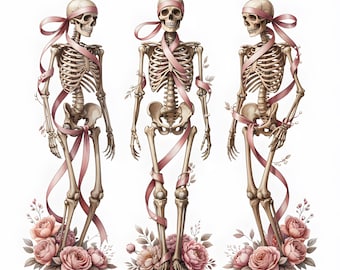 PNG de esqueleto com laço rosa | Clipart de esqueleto floral | Design para sublimação