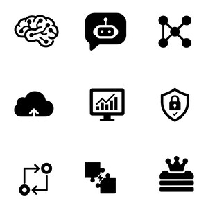 May include: A collection of nine black icons arranged in a grid. The icons depict a stylised brain with nodes, a robot head inside a speech bubble, a network diagram, a cloud with an upward arrow, a computer monitor showing a bar graph, a shield with a padlock, a circular flow chart, two interlocking puzzle pieces, and a crown atop a stack of horizontal bars.