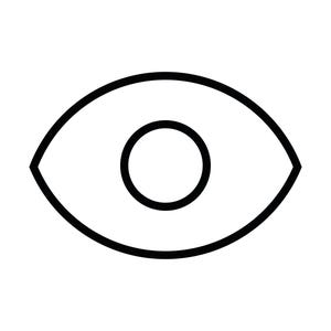 May include: A black and white line drawing of an eye icon. The graphic features a horizontal almond shape representing the eye outline with a centered, solid black circle representing the pupil, all rendered in a clean, bold, minimalist style.