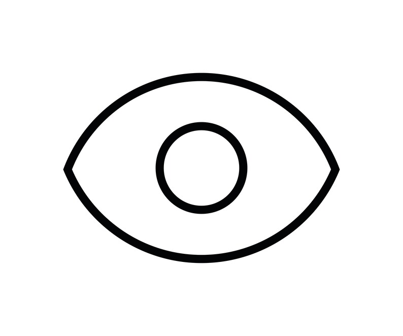 May include: A black and white line drawing of an eye icon. The graphic features a horizontal almond shape representing the eye outline with a centered, solid black circle representing the pupil, all rendered in a clean, bold, minimalist style.