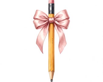 Vintage Pencil Pink Bow PNG Clipart | Retro School Sublimation Design Digital Download