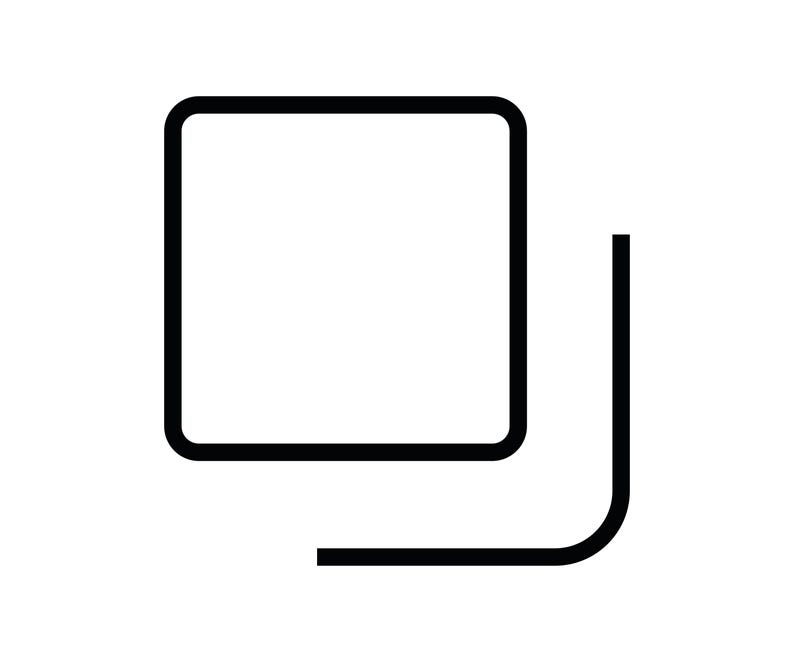 May include: A black line icon featuring a square with rounded corners positioned in the foreground, partially overlapping a second, larger square outline that is only visible by its bottom and right edges, creating a layered or duplicate effect.