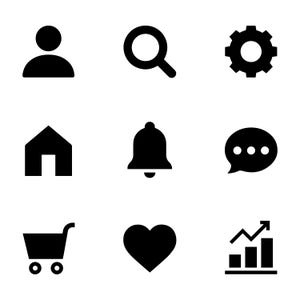 May include: A set of nine black icons arranged in a three-by-three grid. The icons include a person silhouette, a magnifying glass, a gear, a house, a bell, a speech bubble with three dots, a shopping cart, a heart, and a bar chart with an arrow.