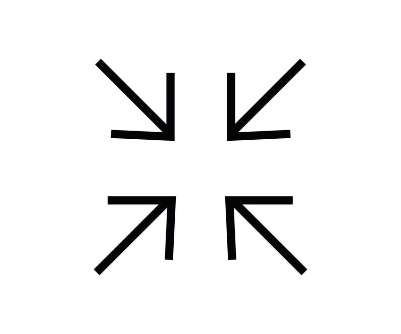 May include: A black icon featuring four arrows pointing inward toward the center of the frame. Each arrow is composed of two straight lines meeting at a point, arranged symmetrically to represent a minimize or shrink function in a digital interface.