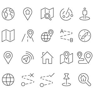 May include: A collection of forty black line art icons representing navigation, mapping, and location services. The set includes symbols such as globes, map pins, compasses, flags, route paths, satellite dishes, and various map layouts on a white background.