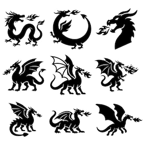 May include: A collection of nine distinct black silhouette illustrations of dragons, each depicted in various poses. Several of the dragons are shown breathing fire, with wings spread or folded, showcasing different mythical creature designs.