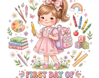 First Day of Kindergarten Girl PNG Back to School Clipart Sublimation Design