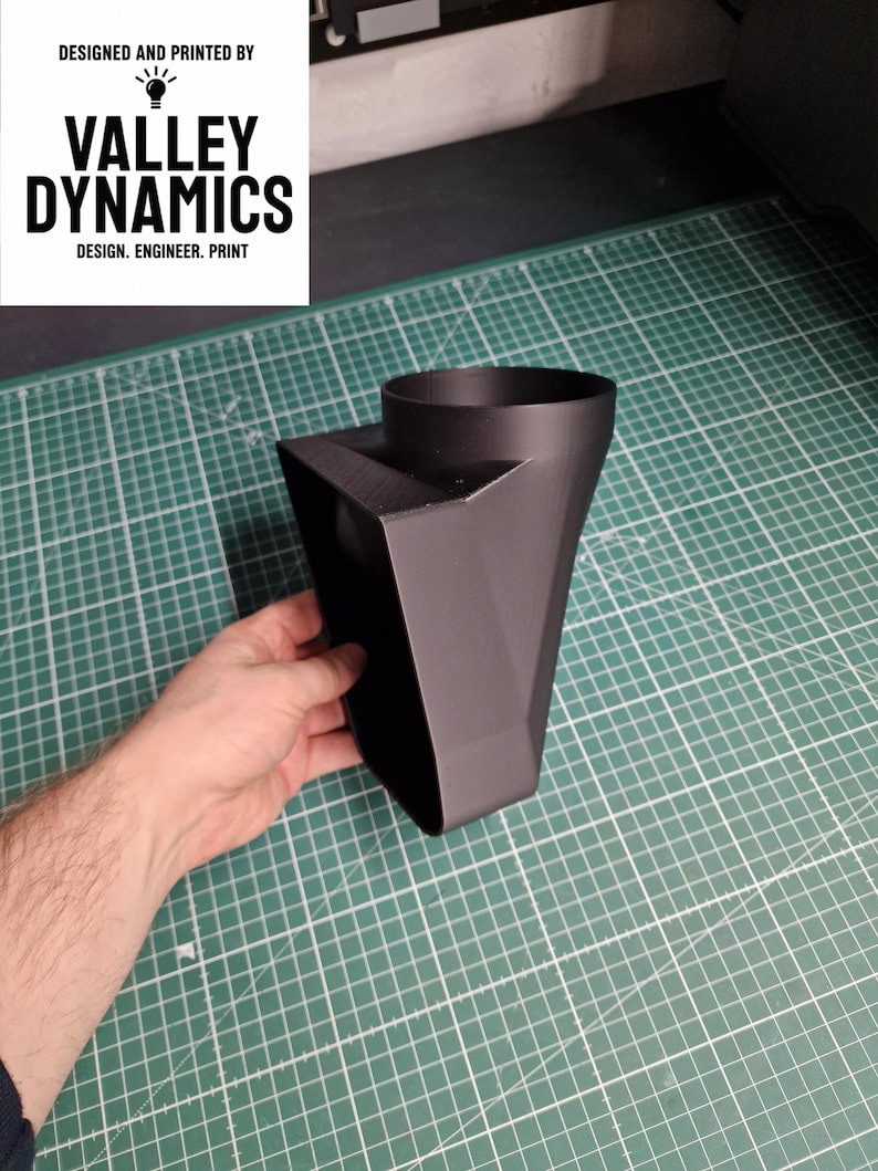 The customer requested a custom air intake for their car, with a rough sketch provided we created a full parametric model and printed it in a hard wearing, durable and tough material (ABS-GF)