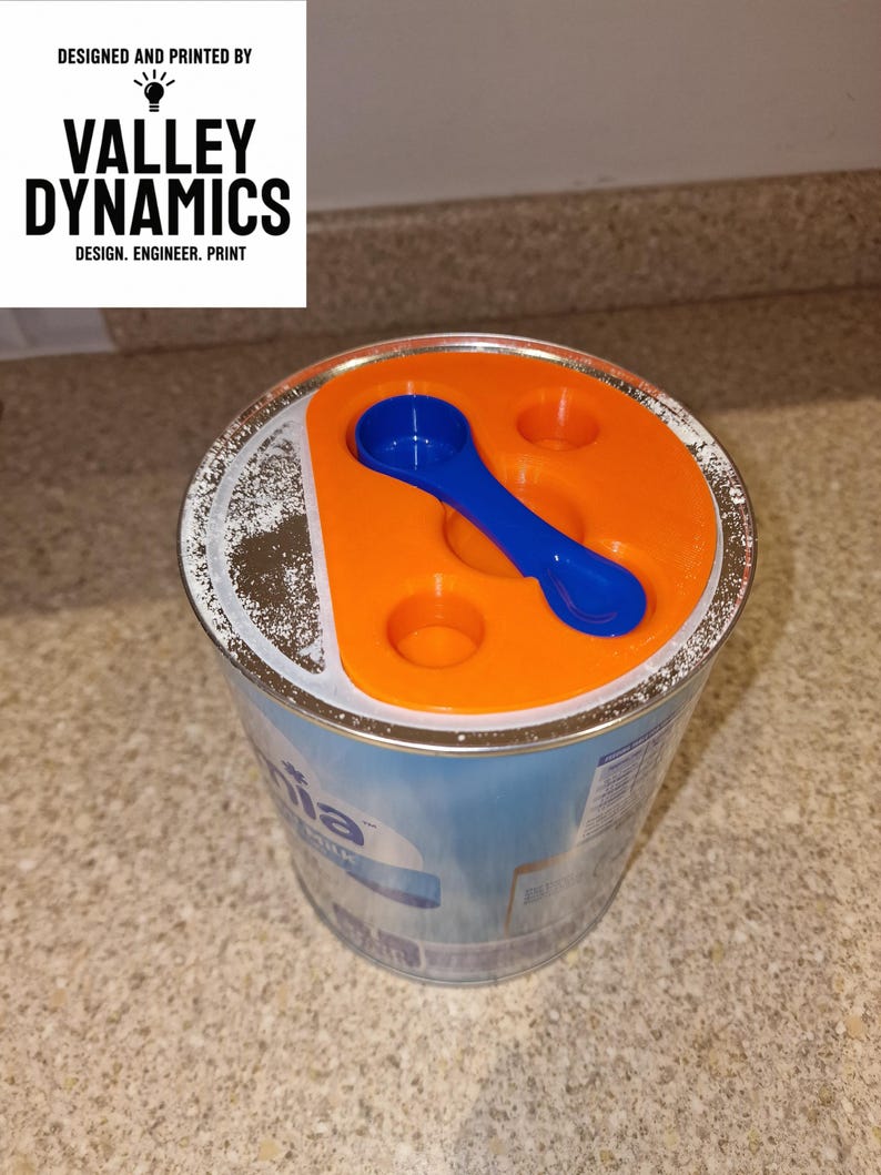 This was a personal design and print to prevent the baby formula spoon from being submerged in the formula which naturally resulted in trying to fish it out in the middle of the night! This solution ensured the spoon was always within reaching distance and prevented sticky fingers! The part was epoxy resin coated for food safe reasons.