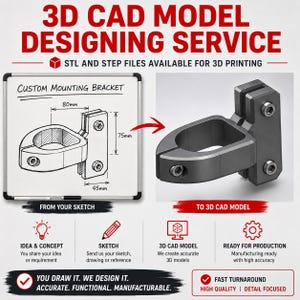 May include: A 3D CAD model design service advertisement featuring a custom mounting bracket. The image displays a technical sketch with 80mm, 75mm, and 45mm dimensions alongside a rendered 3D model. Text includes 3D CAD MODEL DESIGNING SERVICE, STL AND STEP FILES AVAILABLE FOR 3D PRINTING, FROM YOUR SKETCH, TO 3D CAD MODEL, and YOU DRAW IT. WE DESIGN IT.