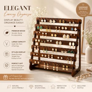 May include: A dark brown wooden earring organizer with multiple rows of holes to hold earrings. The organizer is filled with various pairs of earrings. The text "ELEGANT Earring Organizer" is at the top. The organizer is designed to display and organize earrings.