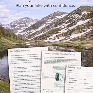 Può includere: Un pianificatore di trekking di 10 giorni con il testo "Pianifica la tua escursione con sicurezza" su uno scenario di montagne e laghi. Include una guida di preparazione passo-passo, registri giornalieri di trekking e consigli essenziali per l'escursionismo.
