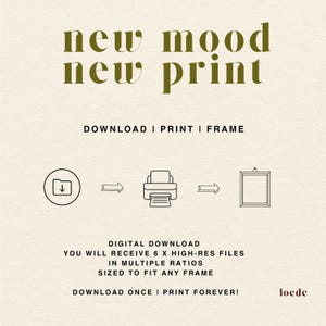 Op de afbeelding: Advertentie voor een digitale download met de tekst "new mood new print" in een donker olijfgroene lettertype. De afbeelding toont een downloadpictogram, een printer en een fotolijst. Tekst eronder luidt "Download een keer, print voor altijd!"
