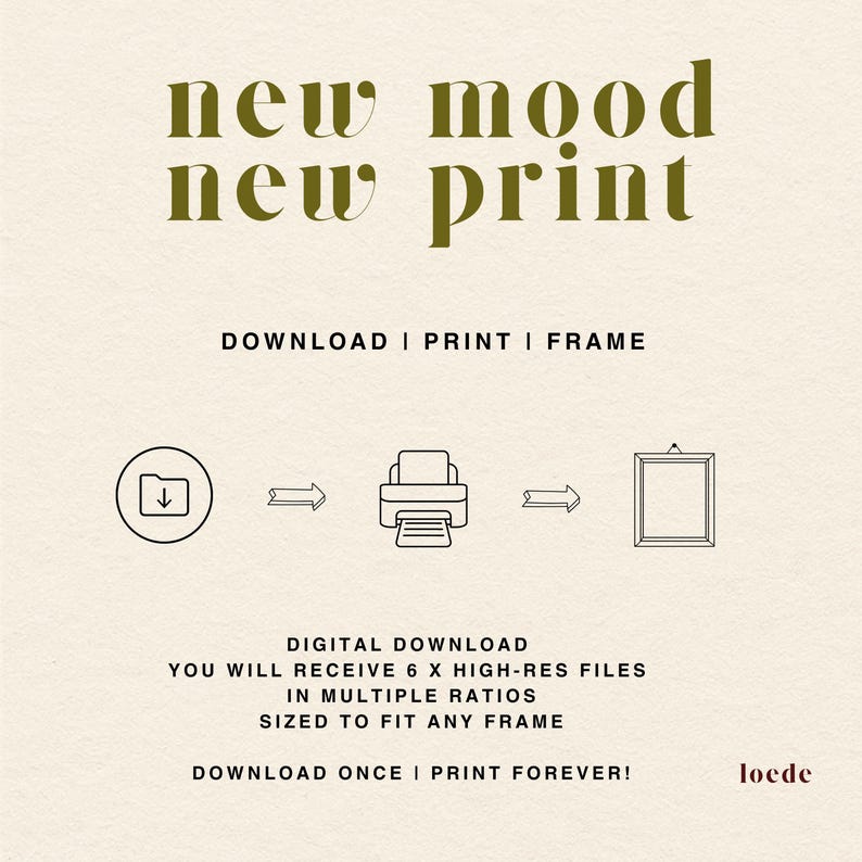Op de afbeelding: Advertentie voor een digitale download met de tekst "new mood new print" in een donker olijfgroene lettertype. De afbeelding toont een downloadpictogram, een printer en een fotolijst. Tekst eronder luidt "Download een keer, print voor altijd!"