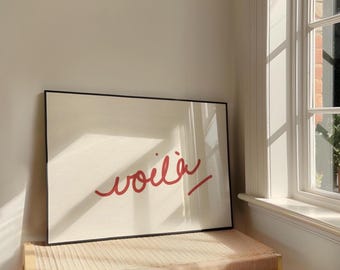 Voila-print: handgetekende, minimale typografie, neutraal interieur (digitale download - horizontaal)