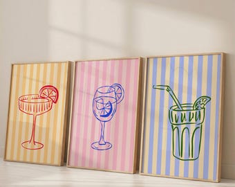 Set of 3 Cocktail Prints: Colourful Bar Cart Wall Art (Digital Download - Vertical)
