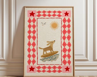 Surfing Dog Print: Coastal Decor, Digital Download - Vertical