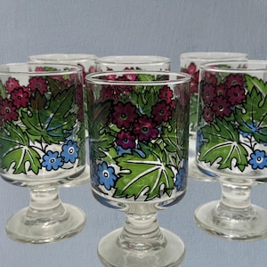 Puede incluir: Juego de seis copas de cristal transparente. Cada copa presenta un diseño floral con flores rojas, hojas verdes y detalles azules. Las copas tienen un pie y una base, adecuadas para servir bebidas.