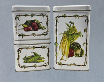 Juego de botes de cocina de cerámica vintage de Chein Industries de 1983, años 80 – Ilustraciones retro de verduras